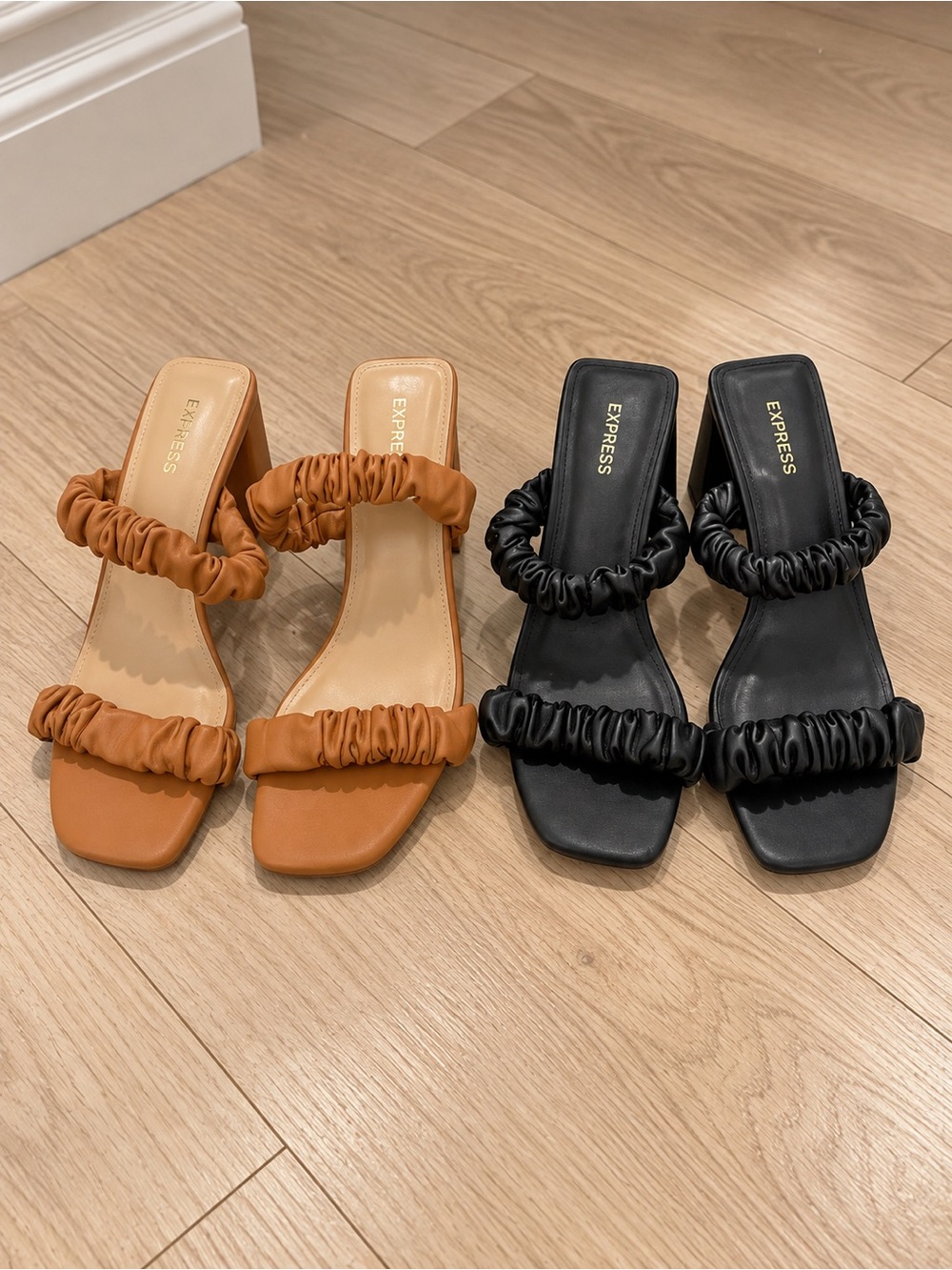 Express Ruched Double-Strap Slide Mules — Black & Tan